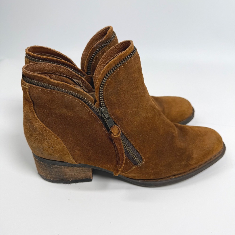 Born Montoro Suede Distressed Leather Brown Zip Ankle Booties Womens 8.5 Shoes
